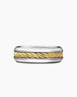 Cable Inset Band Ring Sterling Silver with 18K Yellow Gold, 8mm