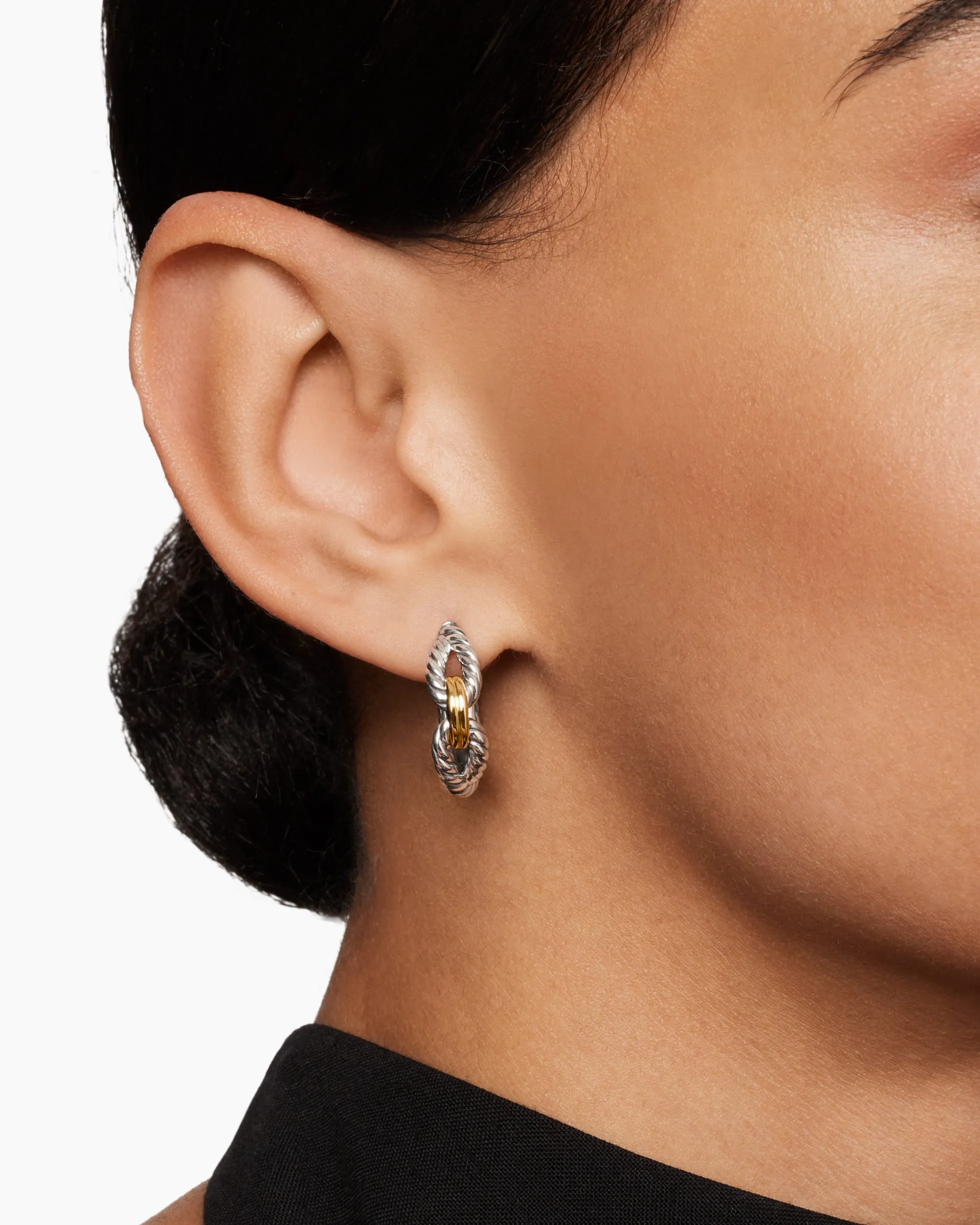 Cable Loop Hoop Earrings Sterling Silver with 18K Yellow Gold, 22mm