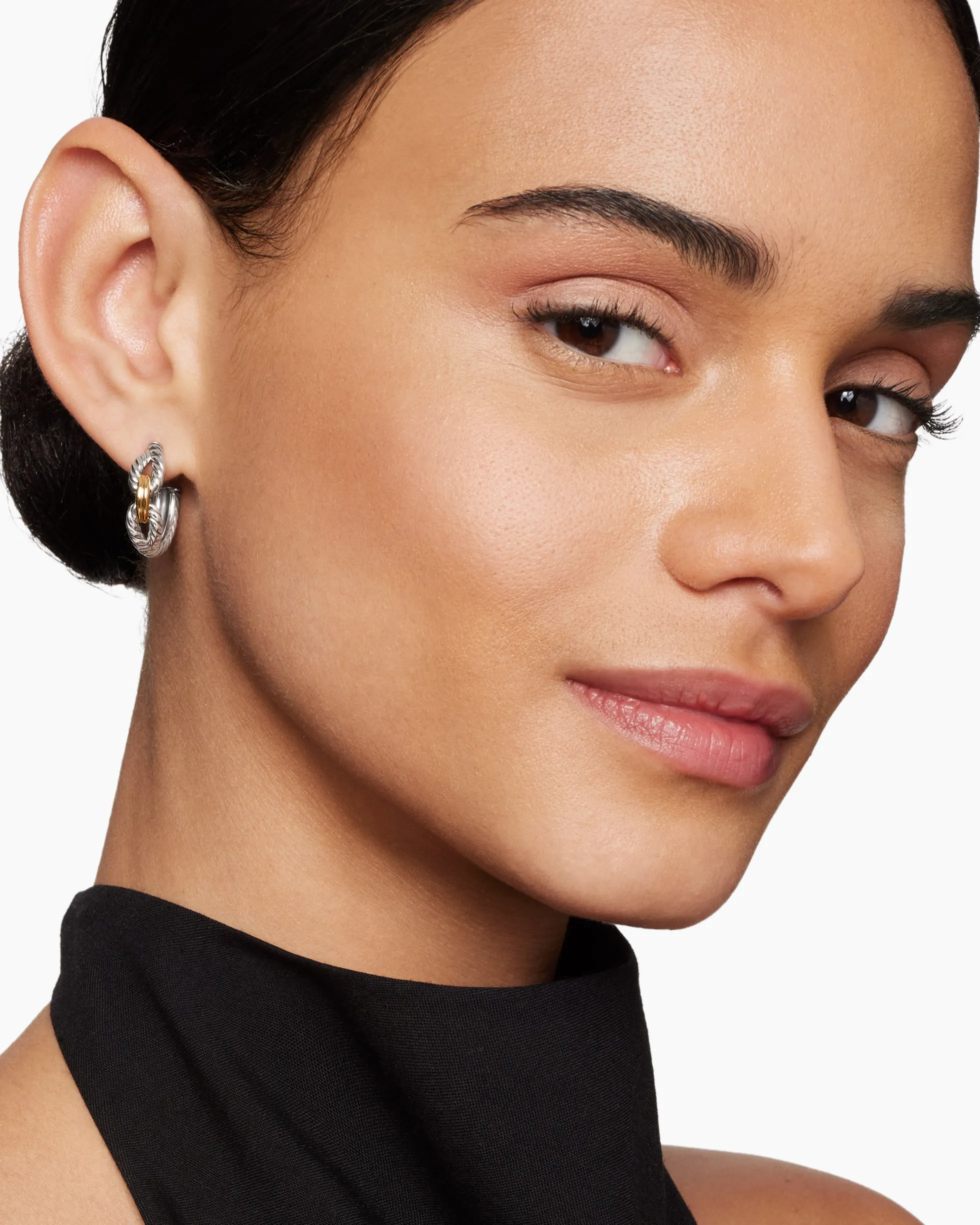 Cable Loop Hoop Earrings Sterling Silver with 18K Yellow Gold, 22mm
