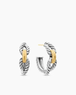 Cable Loop Hoop Earrings Sterling Silver with 18K Yellow Gold, 22mm
