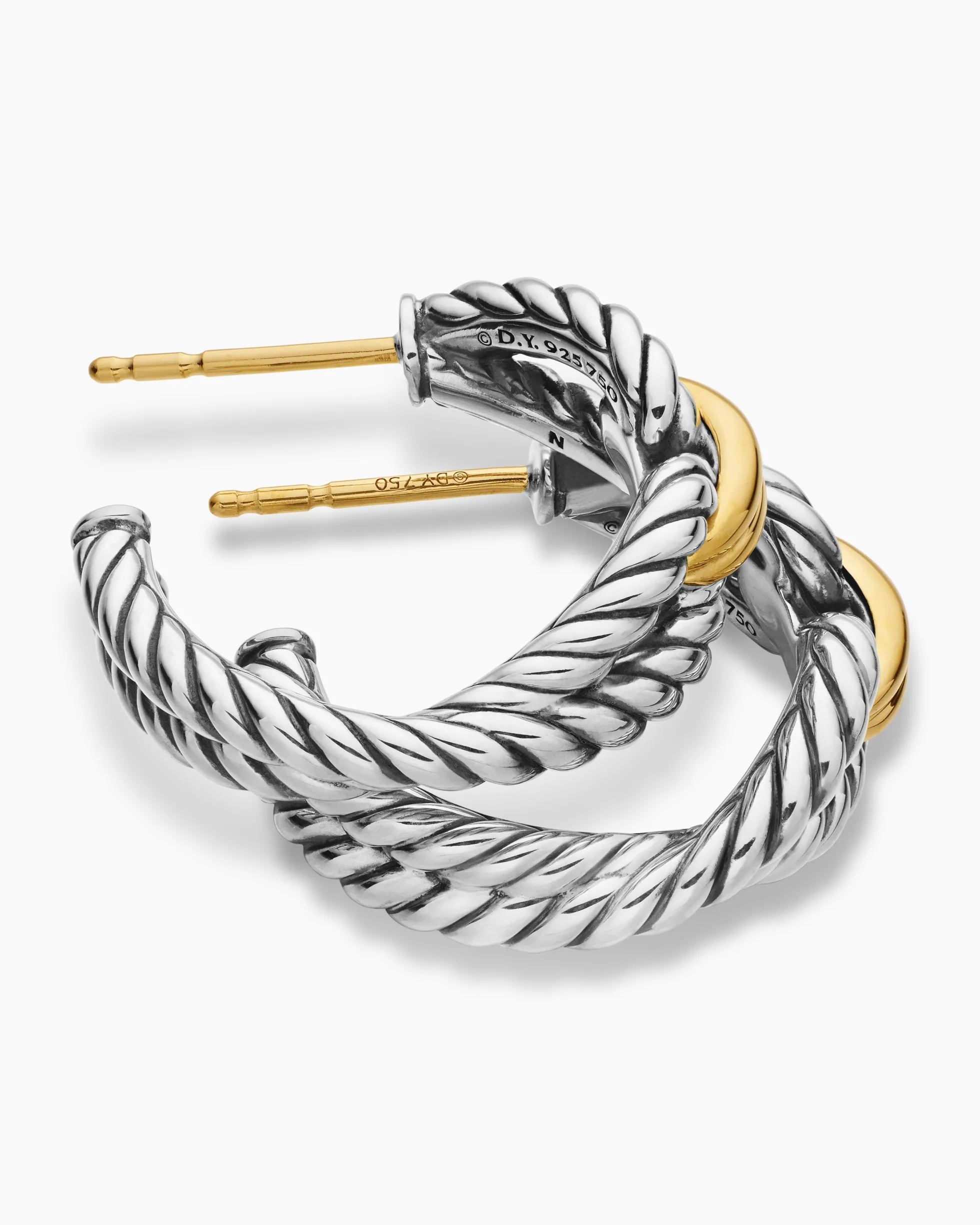 Cable Loop Hoop Earrings Sterling Silver with 18K Yellow Gold, 22mm