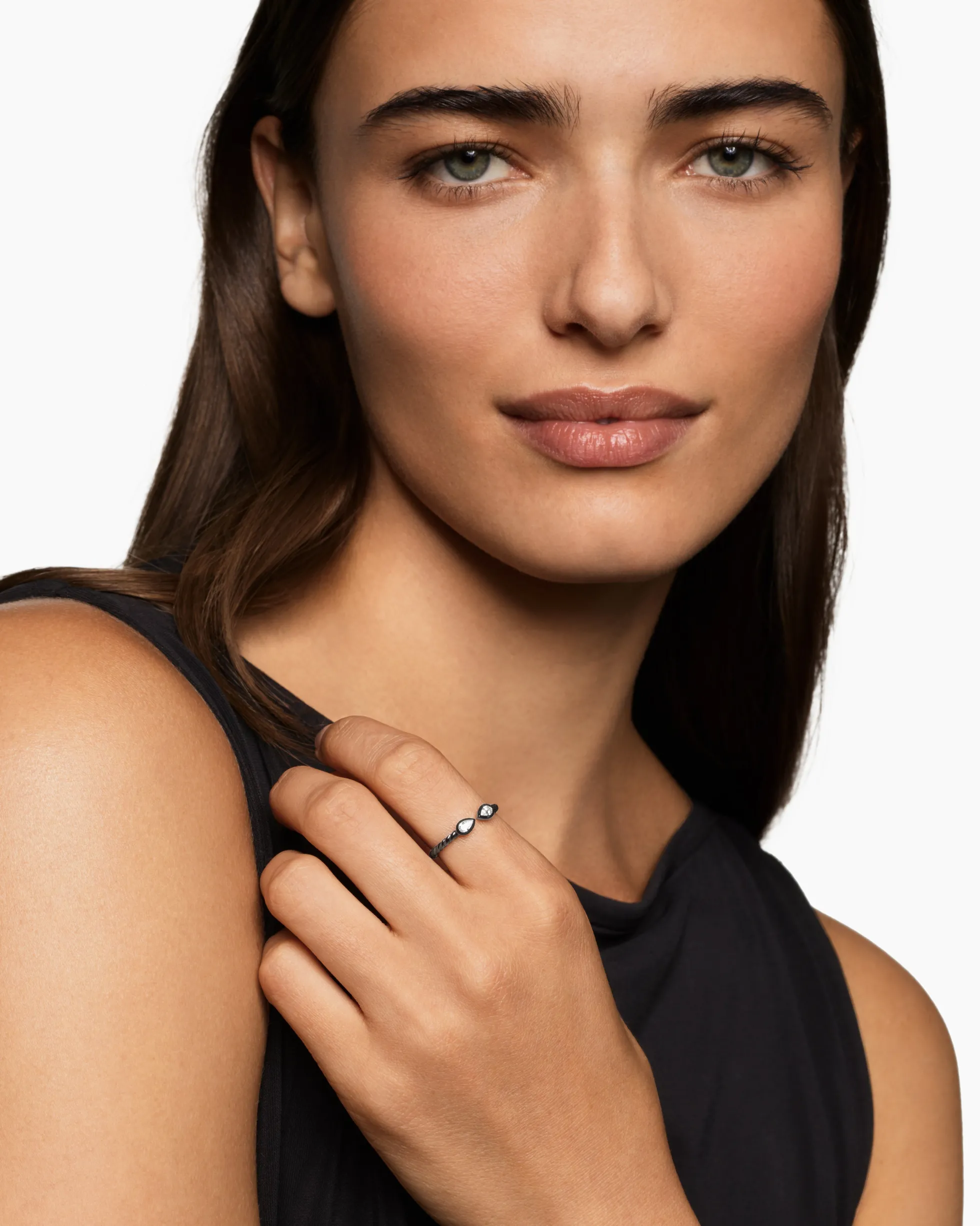 Cable Open Pear Ring Black Titanium with Diamonds, 1.7mm