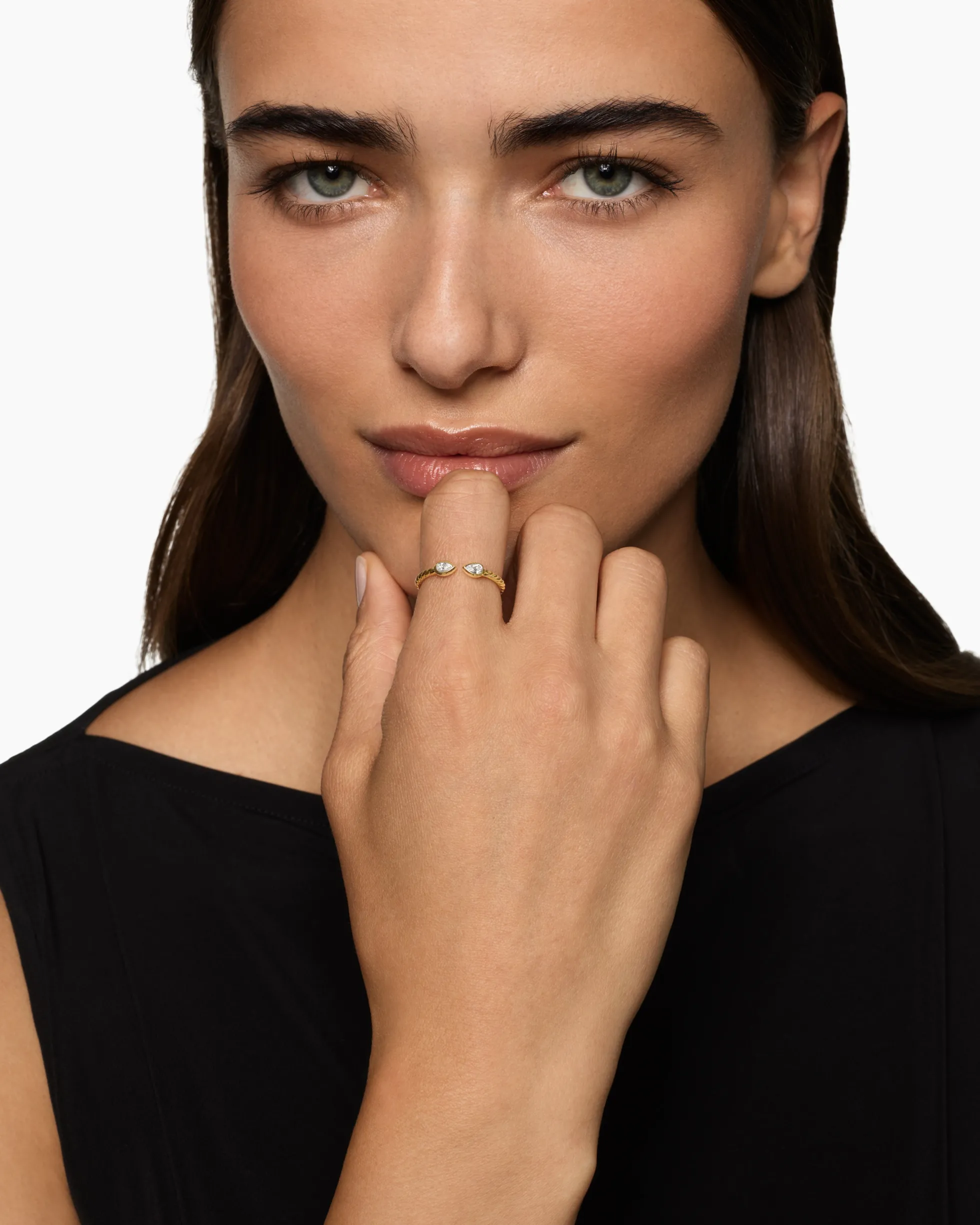 Cable Open Pear Ring 18K Yellow Gold with Diamonds, 1.7mm