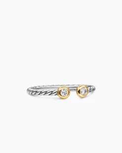 Cable Open Round Ring Sterling Silver with 14K Yellow Gold and Diamonds, 1.7mm