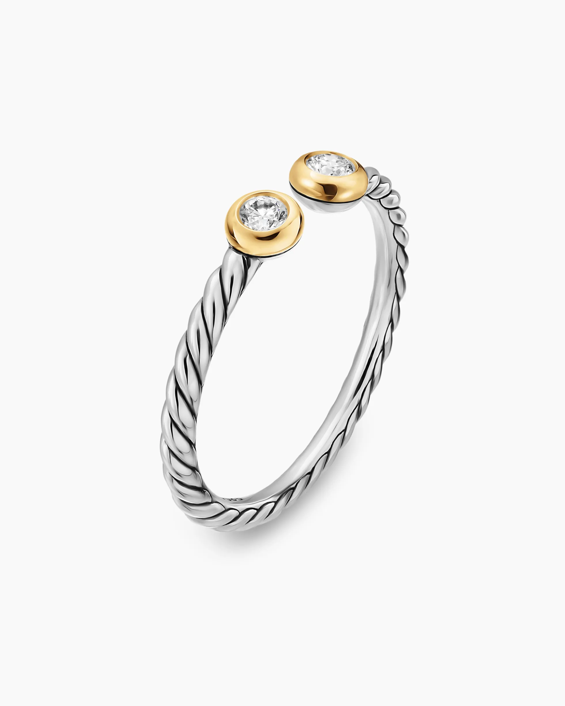 Cable Open Round Ring Sterling Silver with 14K Yellow Gold and Diamonds, 1.7mm