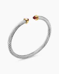 Cable Teen Bracelet Sterling Silver with 14K Yellow Gold and Garnets, 4mm