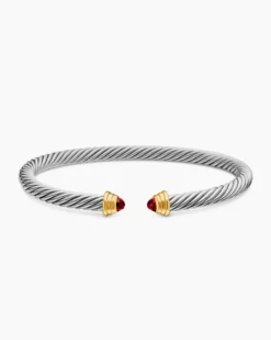 Cable Teen Bracelet Sterling Silver with 14K Yellow Gold and Garnets, 4mm