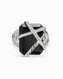 Cable Wrap Ring Sterling Silver with Black Onyx and Diamonds, 20.4mm