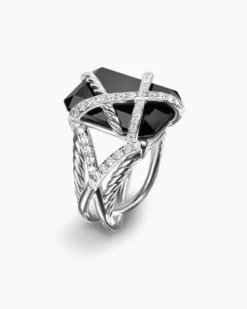 Cable Wrap Ring Sterling Silver with Black Onyx and Diamonds, 20.4mm