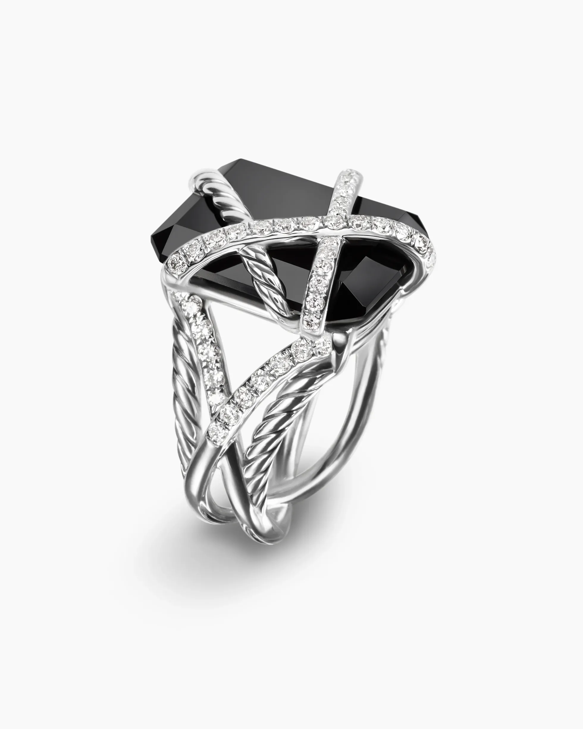 Cable Wrap Ring Sterling Silver with Black Onyx and Diamonds, 20.4mm
