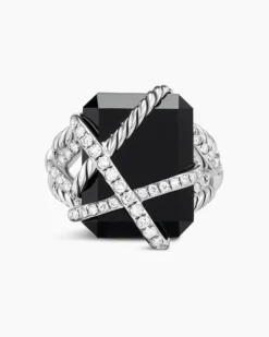 Cable Wrap Ring Sterling Silver with Black Onyx and Diamonds, 20.4mm