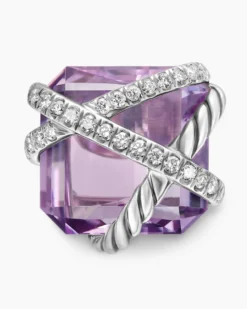 Cable Wrap Stud Earrings Sterling Silver with Lavender Amethyst and Diamonds, 12mm