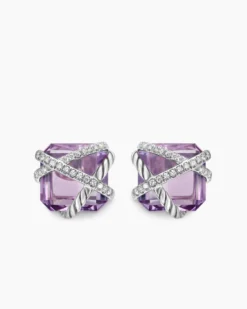Cable Wrap Stud Earrings Sterling Silver with Lavender Amethyst and Diamonds, 12mm