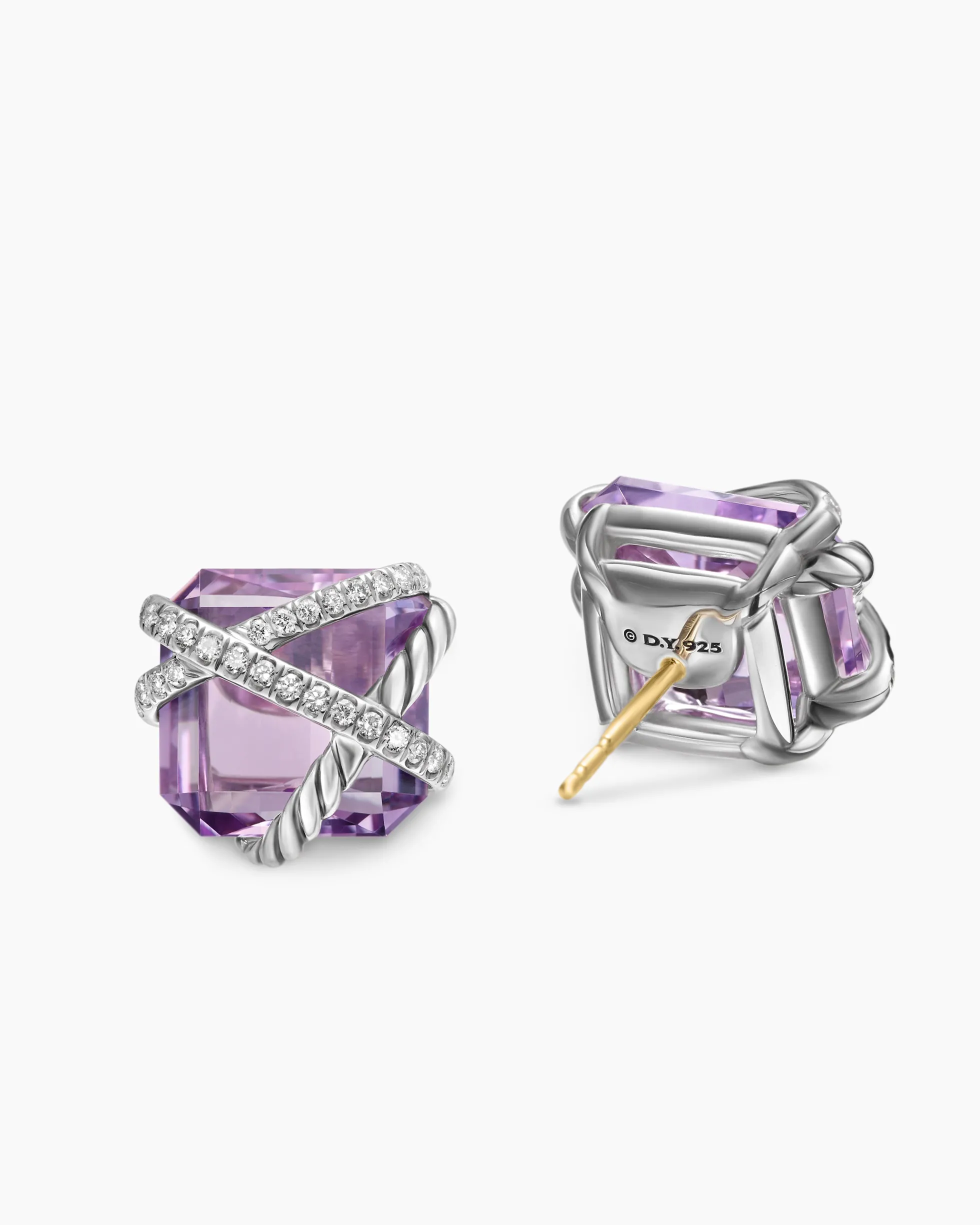 Cable Wrap Stud Earrings Sterling Silver with Lavender Amethyst and Diamonds, 12mm