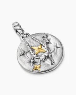 Capricorn Amulet Sterling Silver with 18K Yellow Gold and Diamonds, 19mm