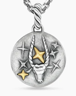 Capricorn Amulet Sterling Silver with 18K Yellow Gold and Diamonds, 19mm