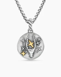 Capricorn Amulet Sterling Silver with 18K Yellow Gold and Diamonds, 19mm