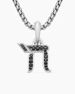 Chai Amulet Sterling Silver with Black Diamonds, 17mm