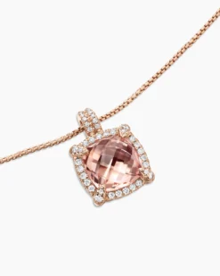 Chatelaine® Pavé Bezel Pendant Necklace 18K Rose Gold with Morganite and Diamonds, 9mm