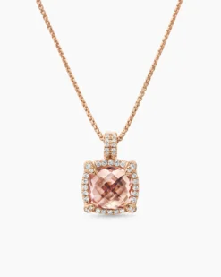Chatelaine® Pavé Bezel Pendant Necklace 18K Rose Gold with Morganite and Diamonds, 9mm