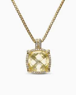 Chatelaine® Pavé Bezel Pendant Necklace 18K Yellow Gold with Champagne Citrine and Diamonds, 14mm