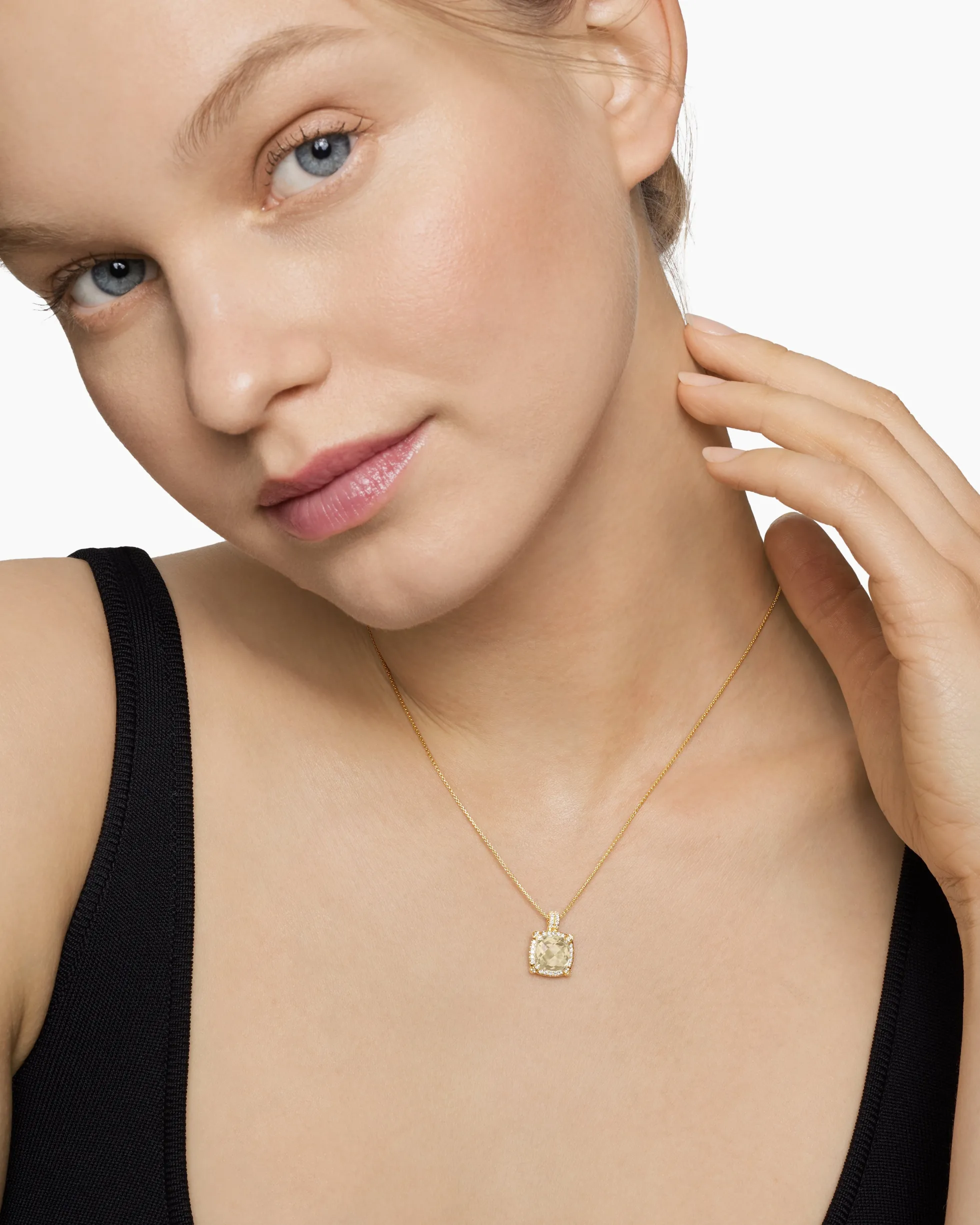 Chatelaine® Pavé Bezel Pendant Necklace 18K Yellow Gold with Champagne Citrine and Diamonds, 9mm