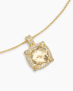 Chatelaine® Pavé Bezel Pendant Necklace 18K Yellow Gold with Champagne Citrine and Diamonds, 9mm