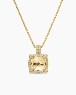 Chatelaine® Pavé Bezel Pendant Necklace 18K Yellow Gold with Champagne Citrine and Diamonds, 9mm