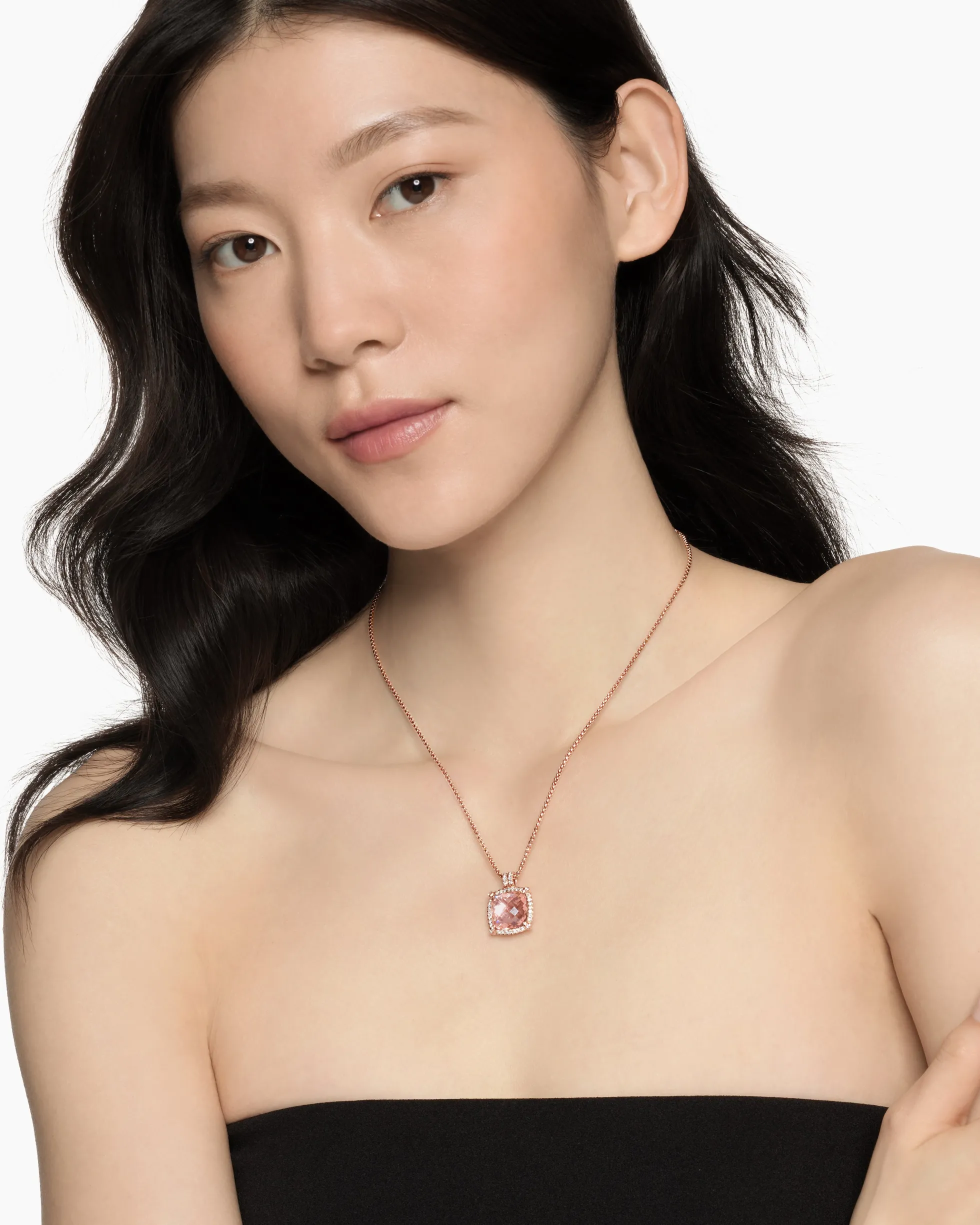 Chatelaine® Pavé Bezel Pendant Necklace 18K Rose Gold with Morganite and Diamonds, 14mm