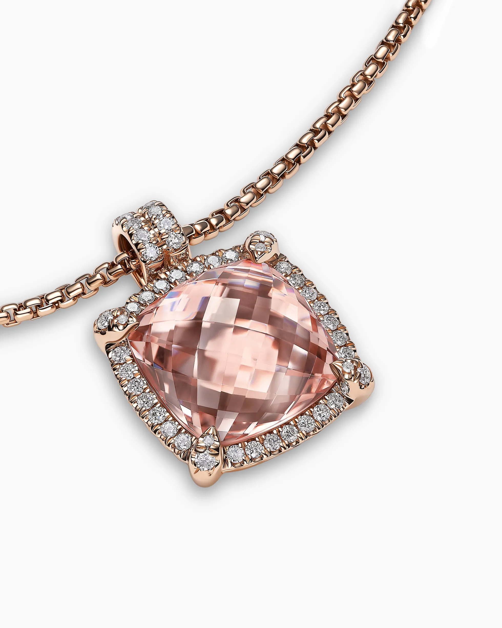 Chatelaine® Pavé Bezel Pendant Necklace 18K Rose Gold with Morganite and Diamonds, 14mm