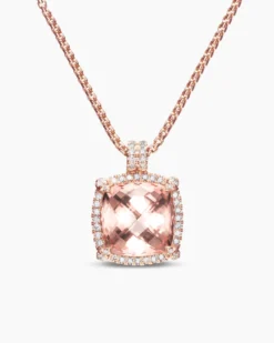 Chatelaine® Pavé Bezel Pendant Necklace 18K Rose Gold with Morganite and Diamonds, 14mm