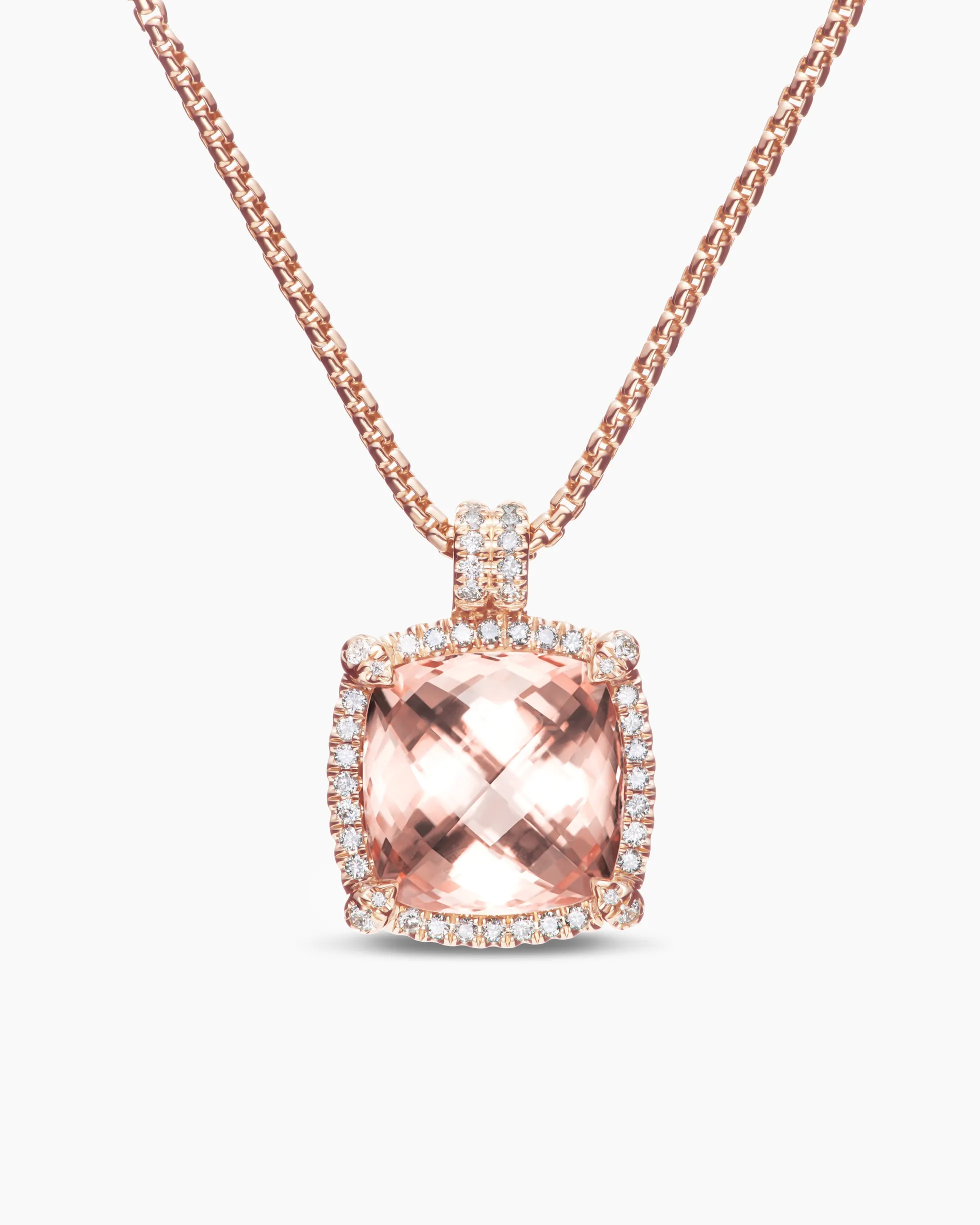 Chatelaine® Pavé Bezel Pendant Necklace 18K Rose Gold with Morganite and Diamonds, 14mm
