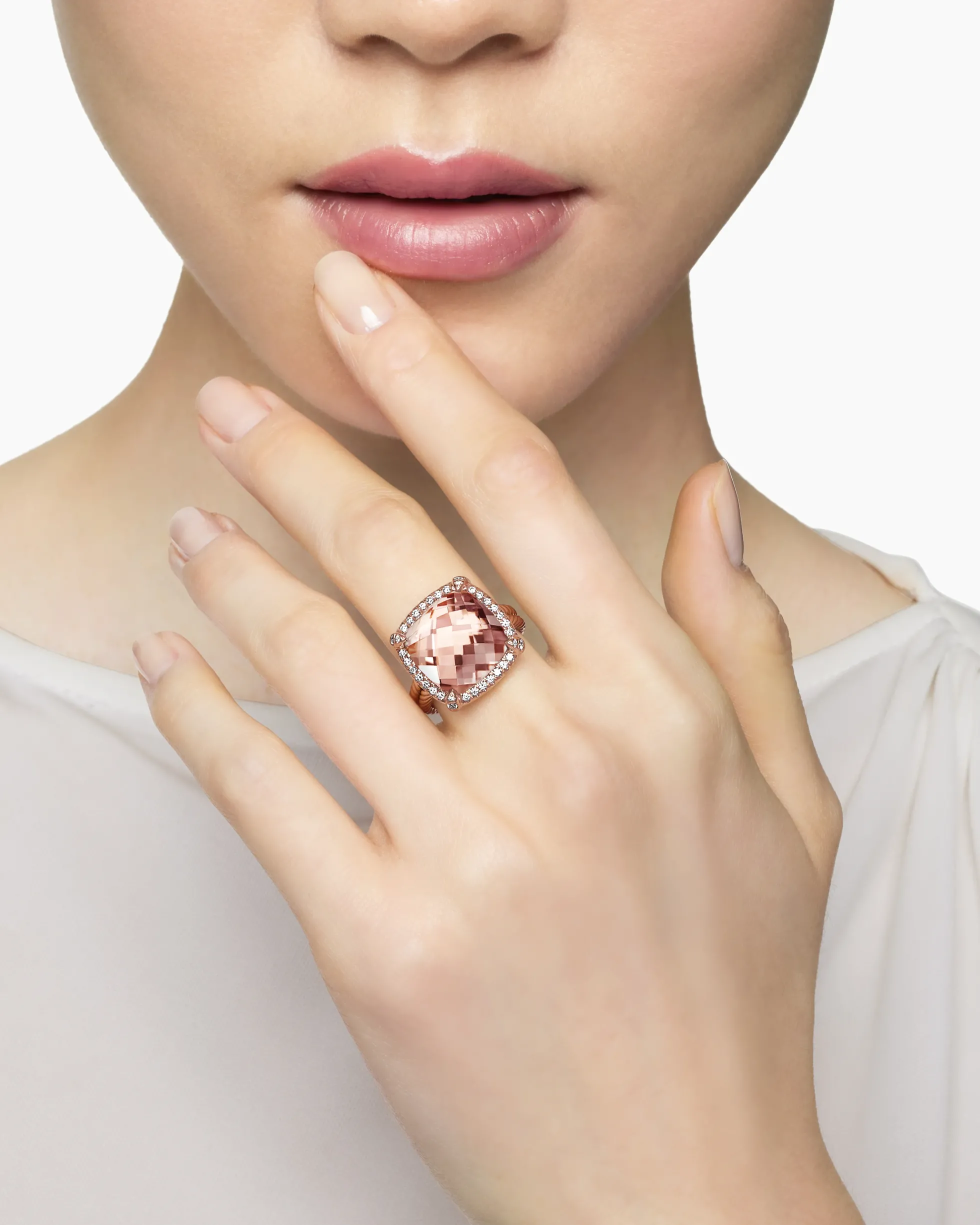 Chatelaine® Pavé Bezel Ring 18K Rose Gold with Morganite and Diamonds, 14mm