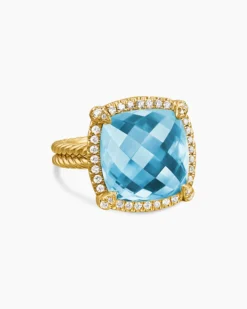 Chatelaine® Pavé Bezel Ring 18K Yellow Gold with Blue Topaz and Diamonds, 14mm