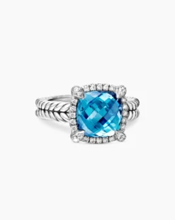 Chatelaine® Pavé Bezel Ring Sterling Silver with Hampton Blue Topaz and Diamonds, 9mm