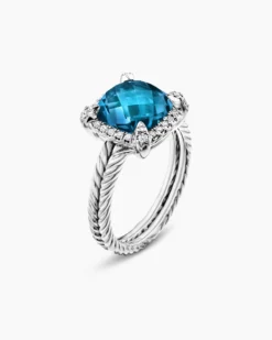 Chatelaine® Pavé Bezel Ring Sterling Silver with Hampton Blue Topaz and Diamonds, 9mm