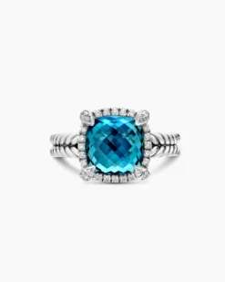 Chatelaine® Pavé Bezel Ring Sterling Silver with Hampton Blue Topaz and Diamonds, 9mm