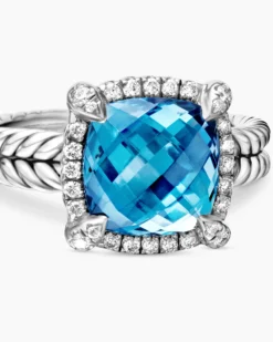 Chatelaine® Pavé Bezel Ring Sterling Silver with Hampton Blue Topaz and Diamonds, 9mm