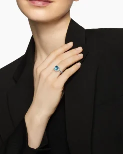 Chatelaine® Pavé Bezel Ring Sterling Silver with Hampton Blue Topaz and Diamonds, 9mm