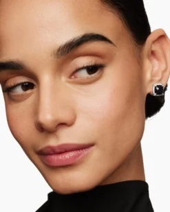 Chatelaine® Pavé Bezel Stud Earrings Sterling Silver with Black Onyx and Diamonds, 9mm