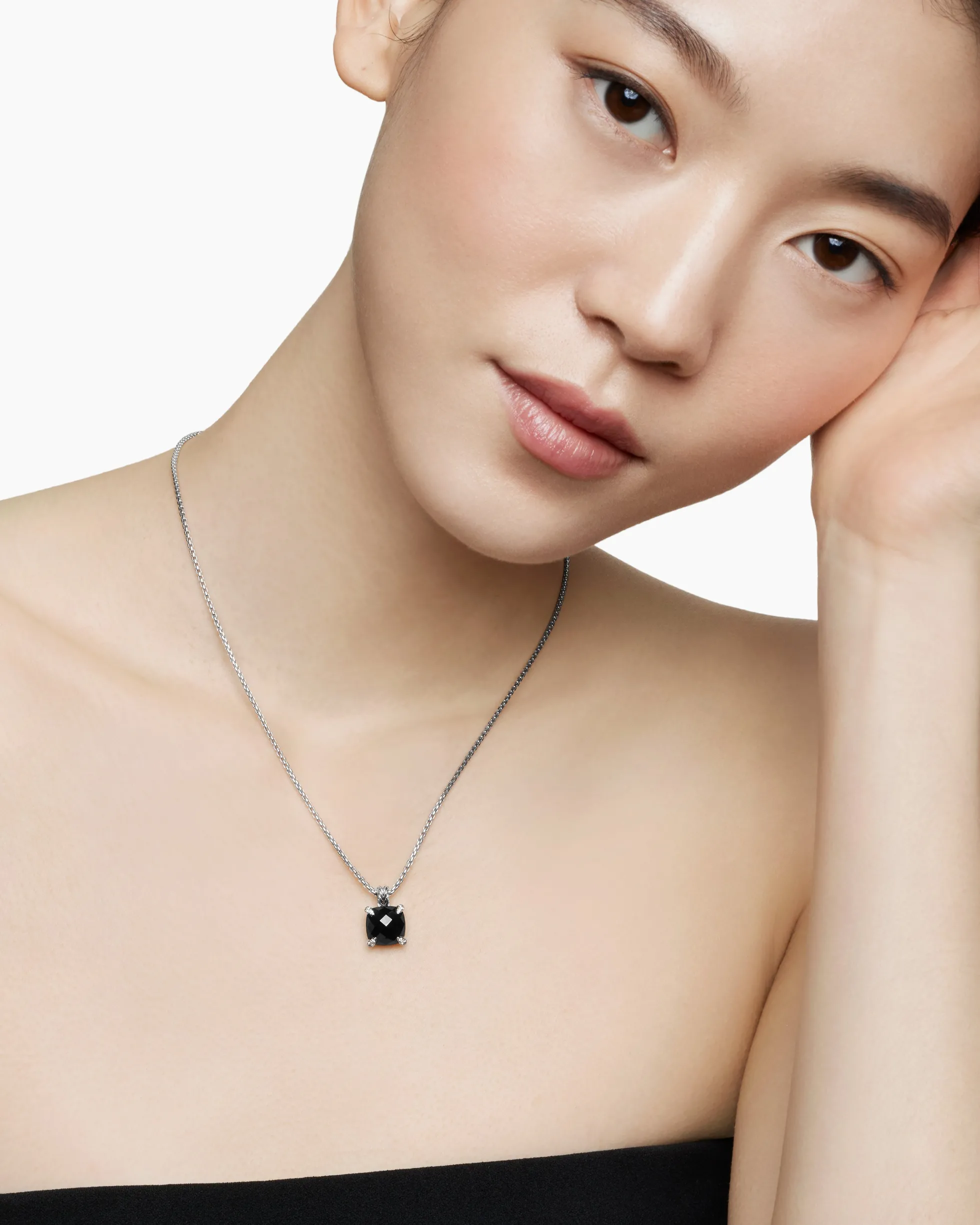 Chatelaine® Pendant Necklace Sterling Silver with Black Onyx and Diamonds, 11mm