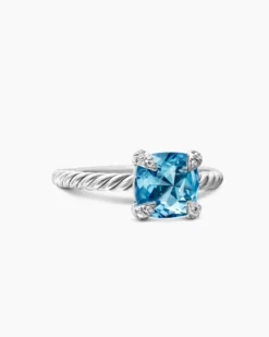Chatelaine® Ring Sterling Silver with Blue Topaz and Diamonds, 8mm