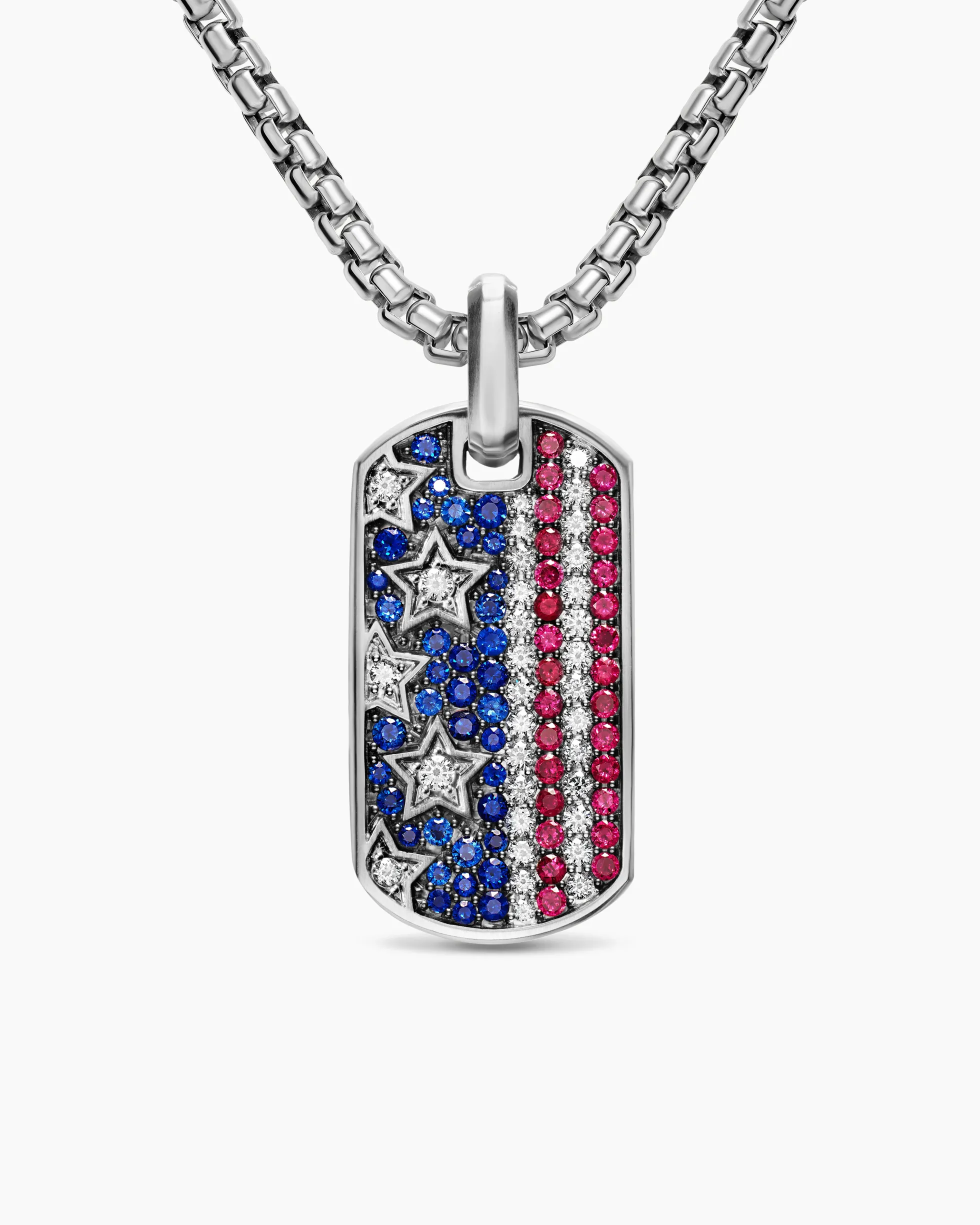Chevron American Flag Tag Sterling Silver with Sapphires, Diamonds, and Rubies, 35mm