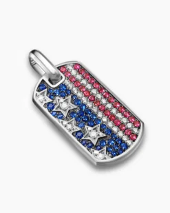Chevron American Flag Tag Sterling Silver with Sapphires, Diamonds, and Rubies, 35mm