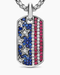 Chevron American Flag Tag Sterling Silver with Sapphires, Diamonds, and Rubies, 35mm