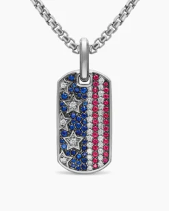Chevron American Flag Tag Sterling Silver with Sapphires, Diamonds, and Rubies, 27mm