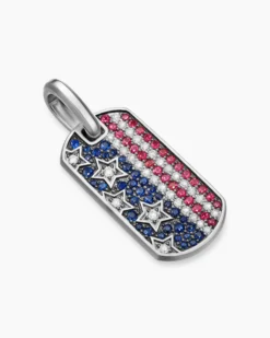 Chevron American Flag Tag Sterling Silver with Sapphires, Diamonds, and Rubies, 27mm