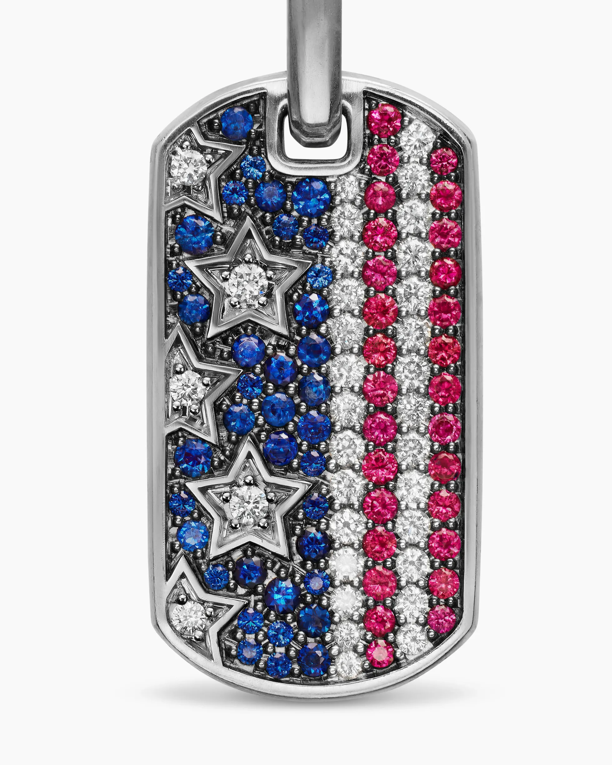 Chevron American Flag Tag Sterling Silver with Sapphires, Diamonds, and Rubies, 27mm