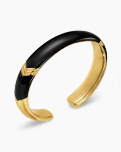 Chevron Bold Cuff Bracelet 18K Yellow Gold with Black Onyx, 12mm