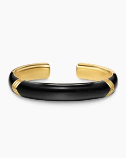Chevron Bold Cuff Bracelet 18K Yellow Gold with Black Onyx, 12mm